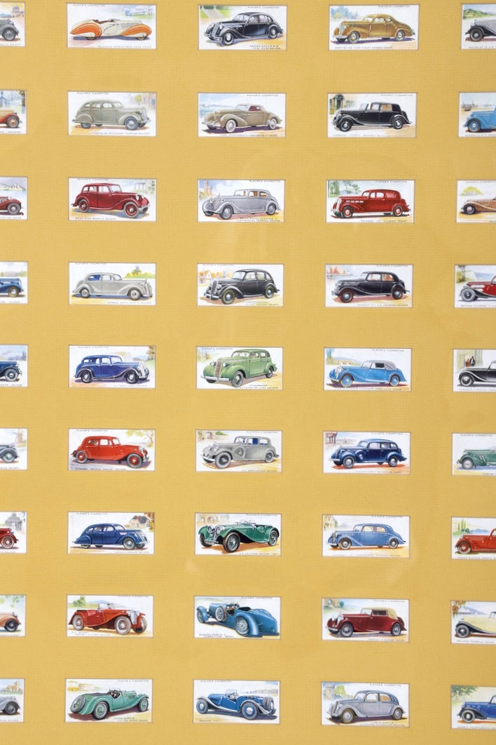 Automobile Cigarette Cards Collection with Maroon Matt and Oak Frame – England, 1930s