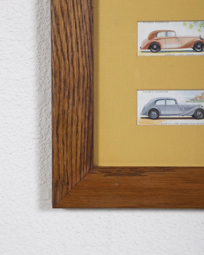 Automobile Cigarette Cards Collection with Maroon Matt and Oak Frame – England, 1930s