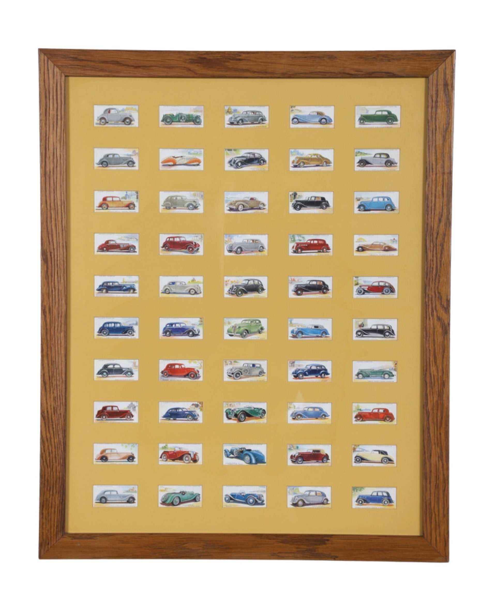 Automobile Cigarette Cards Collection with Maroon Matt and Oak Frame – England, 1930s