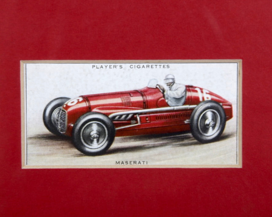 Automobile Cigarette Cards Collection with Maroon Matt and Oak Frame – England, 1930s