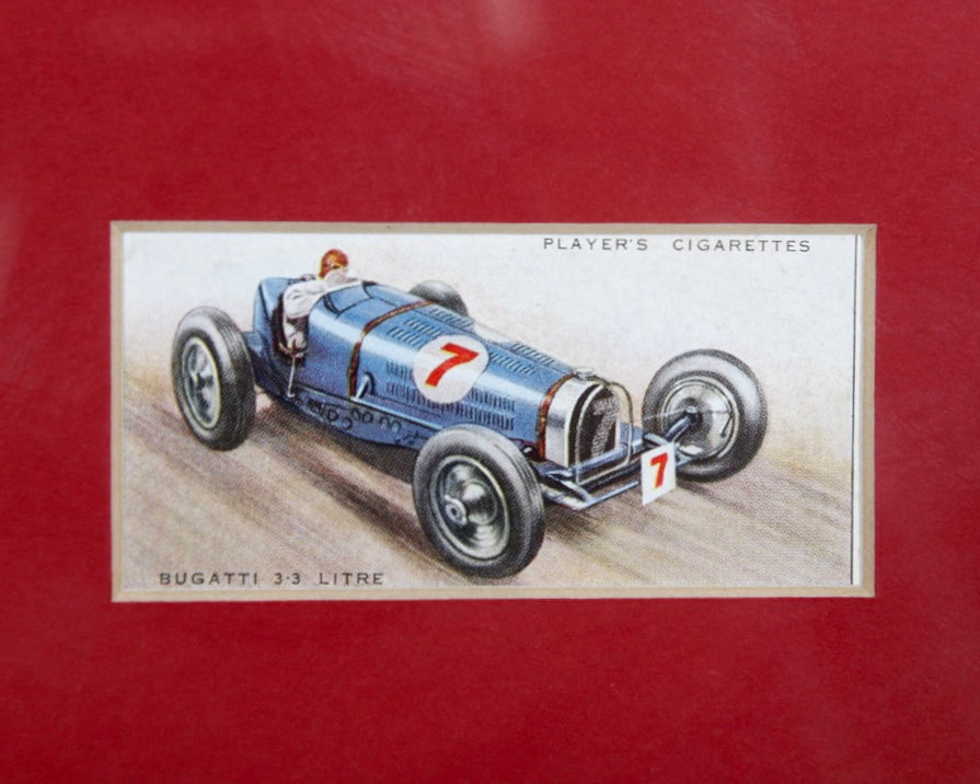 Automobile Cigarette Cards Collection with Maroon Matt and Oak Frame – England, 1930s