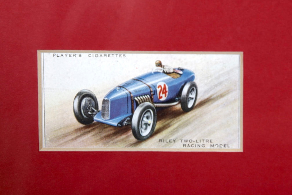 Automobile Cigarette Cards Collection with Maroon Matt and Oak Frame – England, 1930s