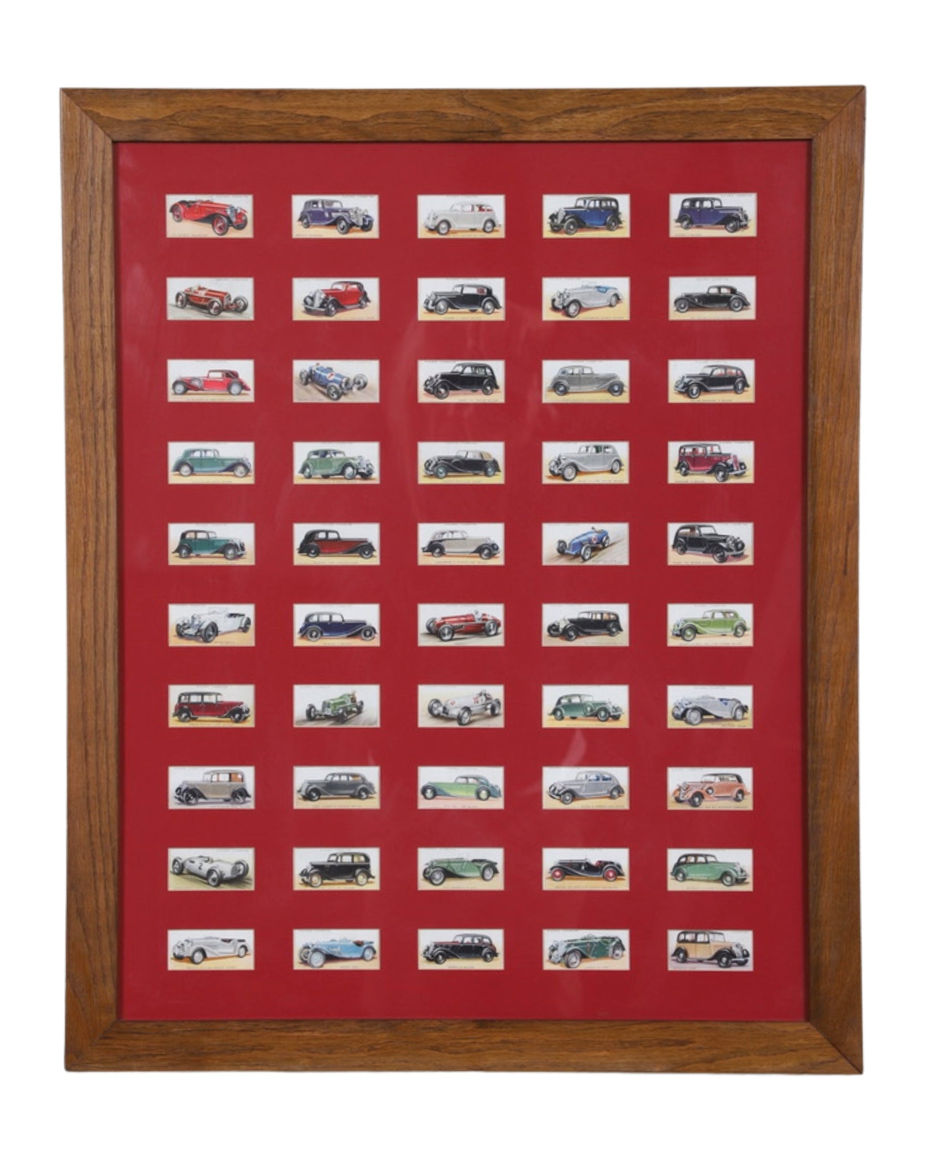 Automobile Cigarette Cards Collection with Maroon Matt and Oak Frame – England, 1930s