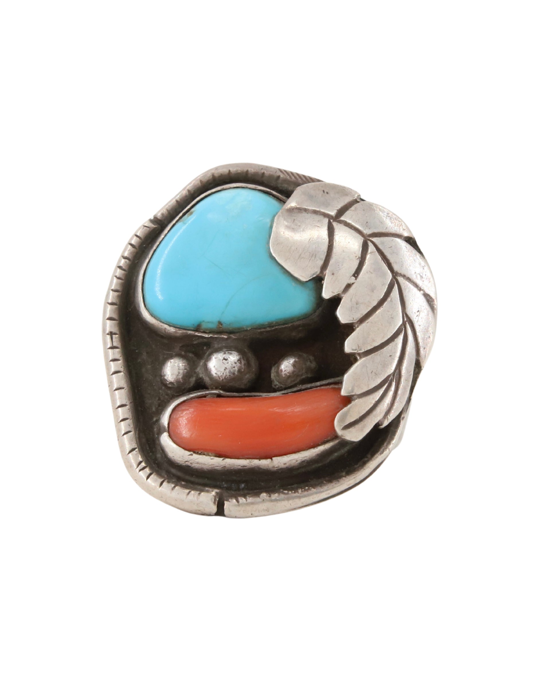 Sterling Turquoise Coral Oversize Ring with Leaf and Dots. 