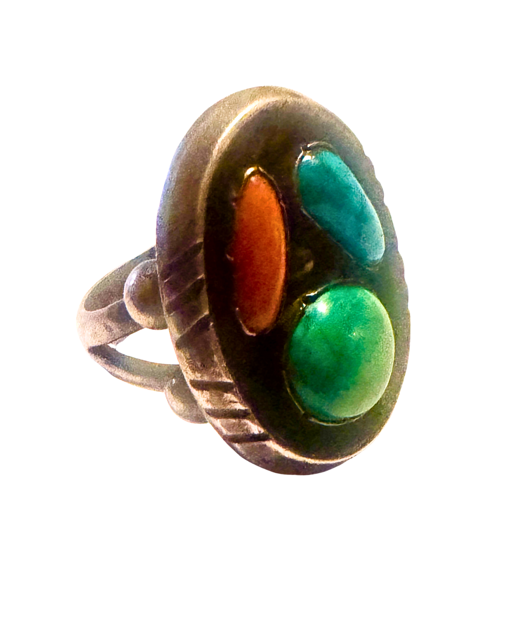 Vintage Navajo 3-Stone Ring: Blue + Green Turquoise + Coral - ML Hallmark 1970s - Size 12