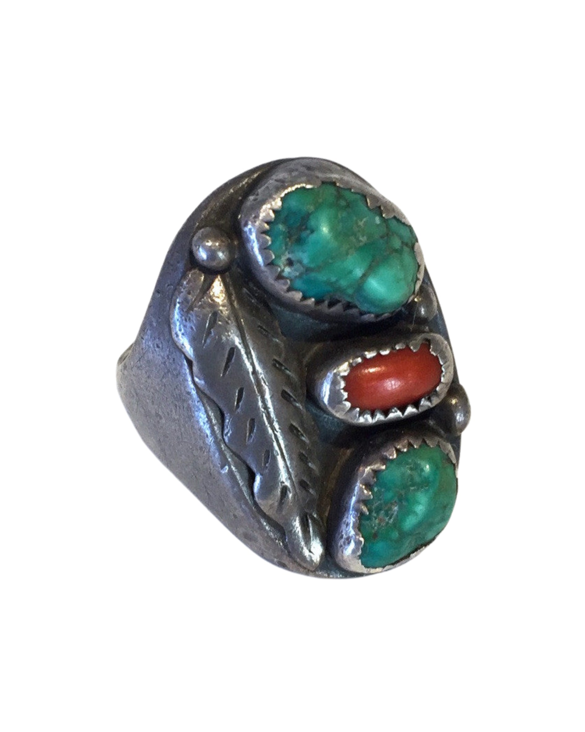 Navajo Silver, Turquoise and Coral Ring, Size 11