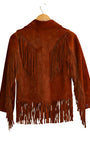 Back view of vintage cropped suede fringe jacket with Western styling.
