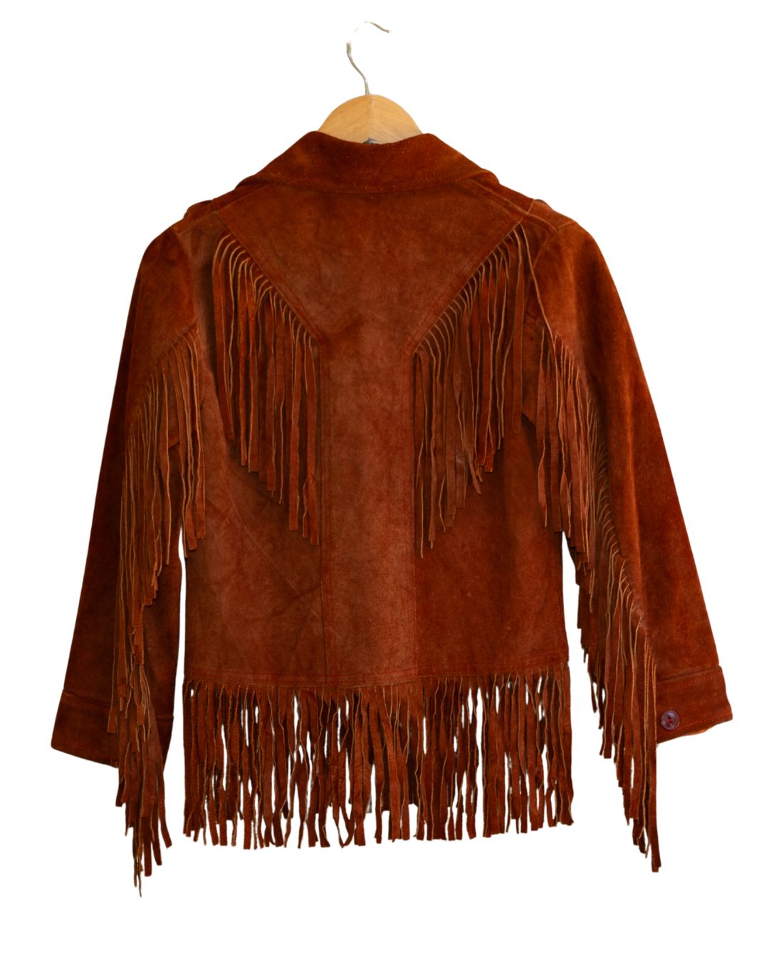 Back view of vintage cropped suede fringe jacket with Western styling.