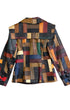 Back view of 1970s patchwork leather jacket with bold colors.