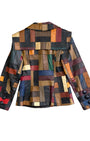 Back view of 1970s patchwork leather jacket with bold colors.