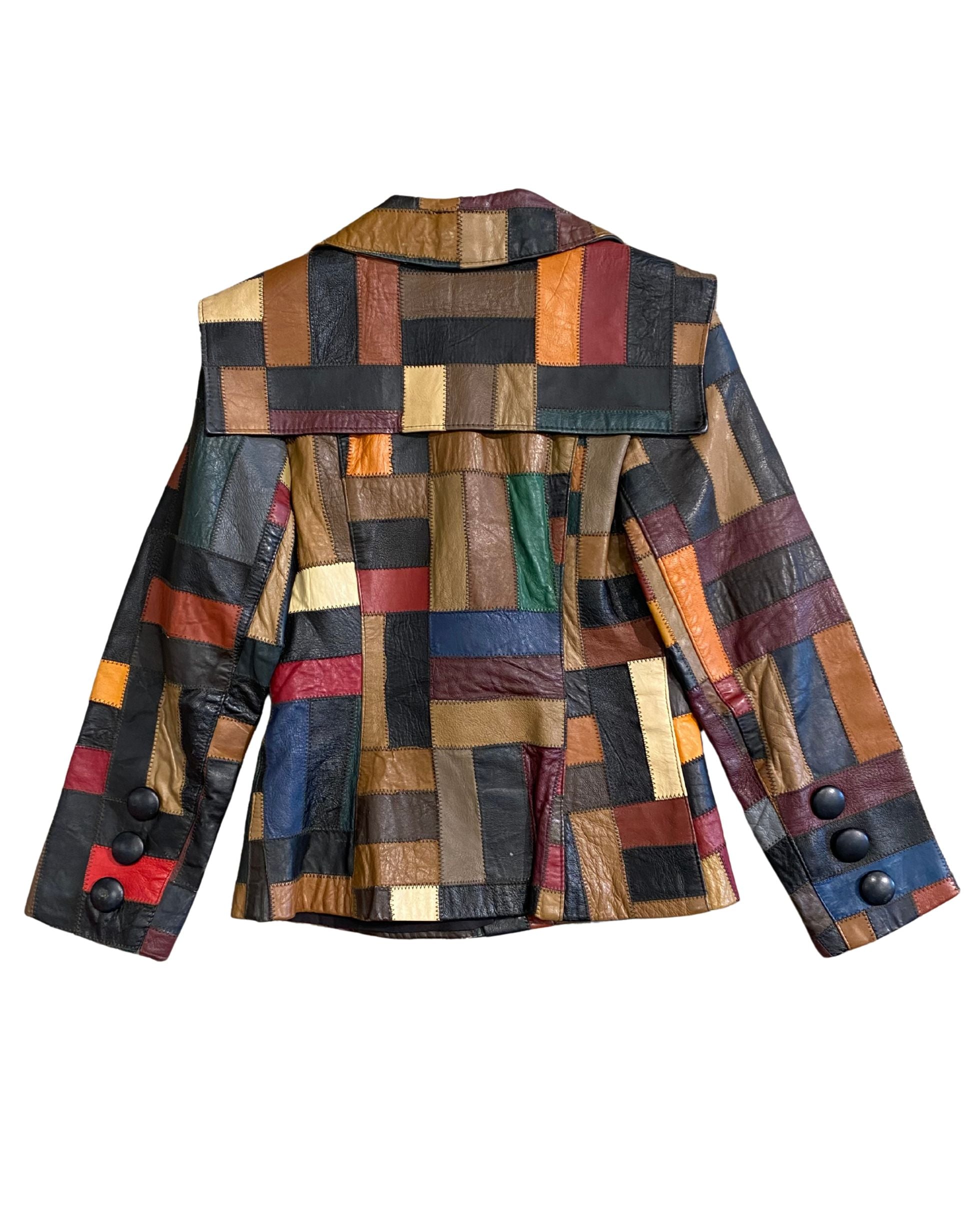 Back view of 1970s patchwork leather jacket with bold colors.