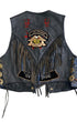 Back view of Harley Davidson vest with fringe, H.O.G. Life Member patch, and name tag.