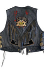 Back view of Harley Davidson vest with fringe, H.O.G. Life Member patch, and name tag.