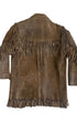 Back view of distressed Bay River suede fringe jacket from the 1960s.