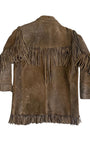 Back view of distressed Bay River suede fringe jacket from the 1960s.