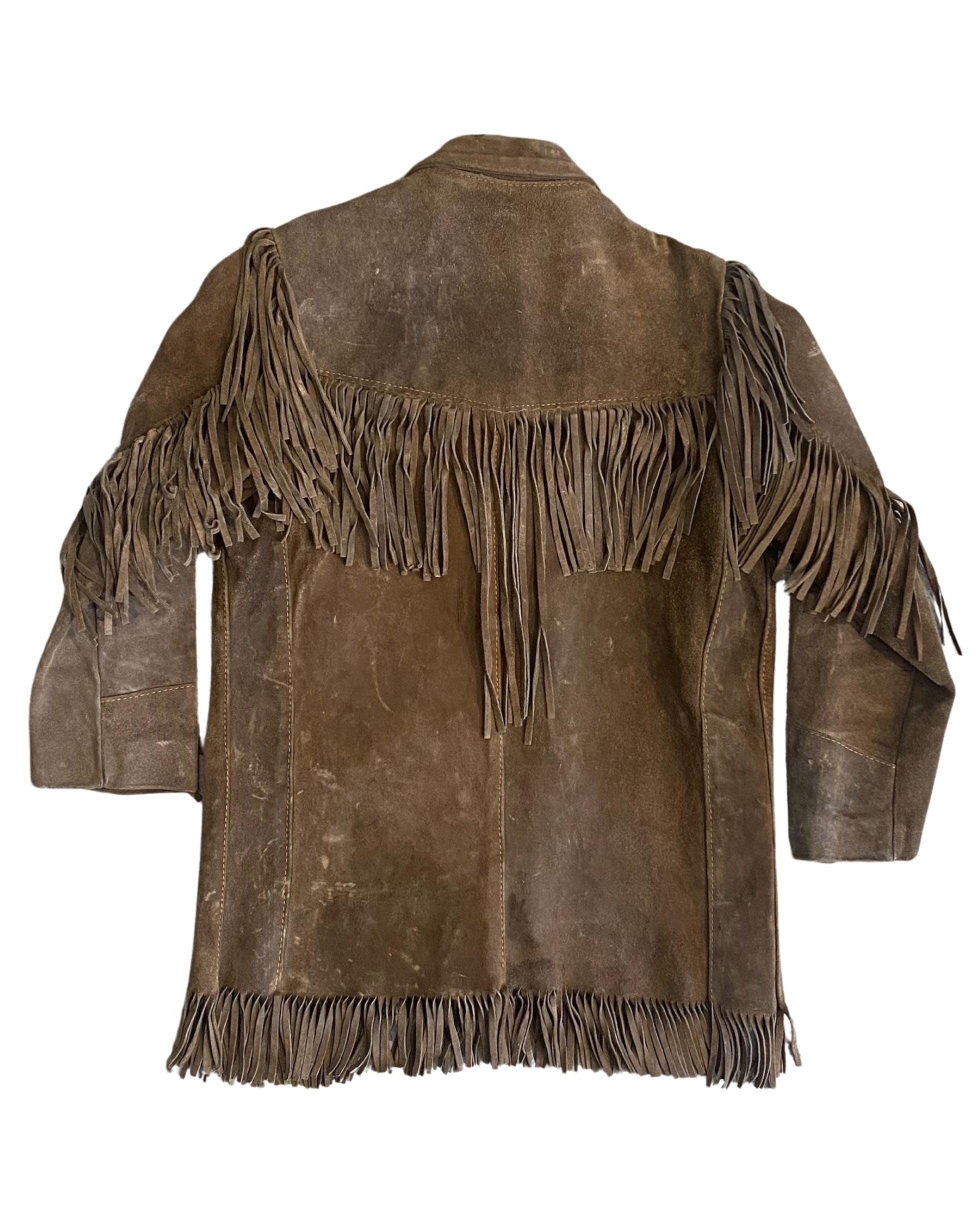 Back view of distressed Bay River suede fringe jacket from the 1960s.
