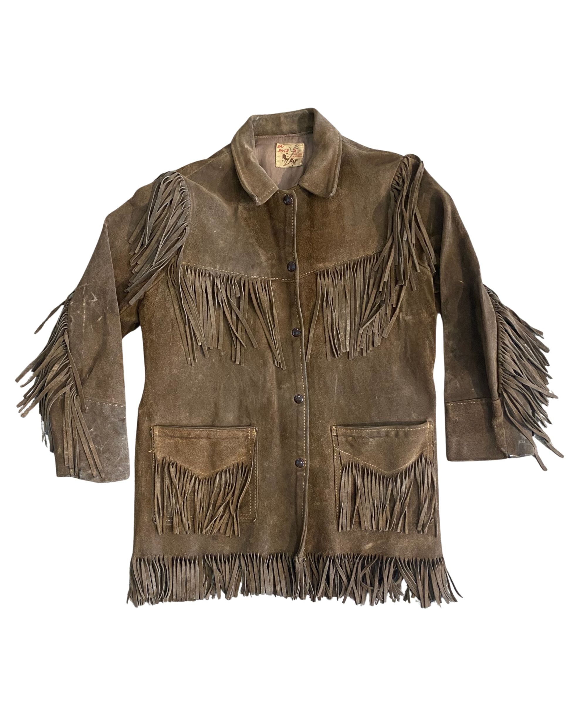 Front view of 1960s vintage Bay River leather fringe jacket.