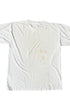 Back view of an aged white short-sleeve T-shirt with yellowish stains down the center and scattered small marks.