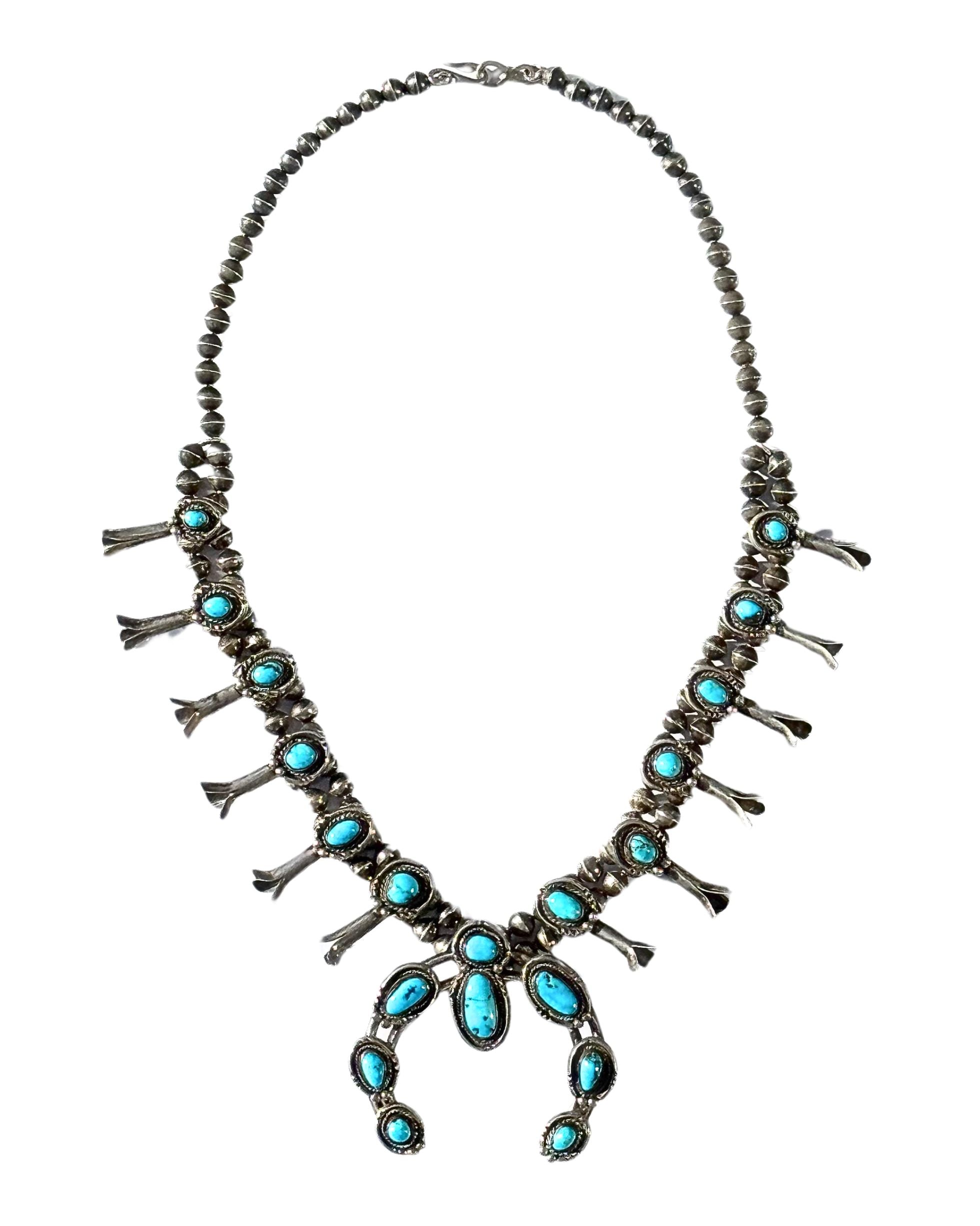 Bisbee Turquoise and Sterling Squash Blossom Necklace. 