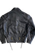 Back view of vintage 1970s black leather motorcycle jacket showing lace-up side adjusters, brass grommets, quilted waistband, on white background.