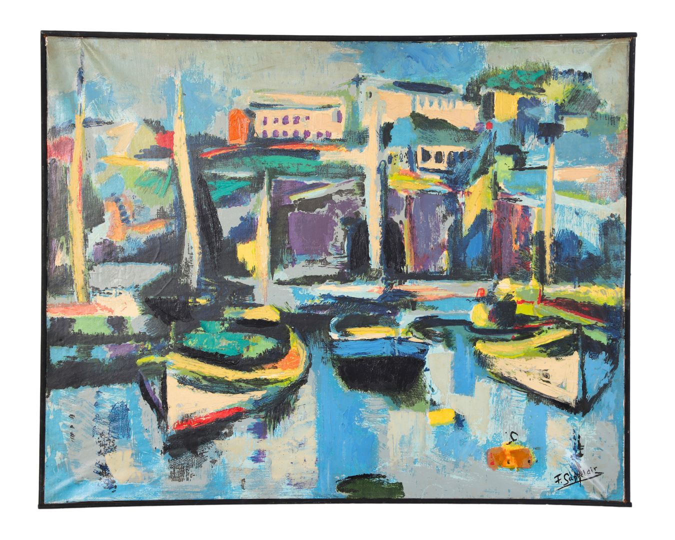 Boats in Harbor Modernist Painting