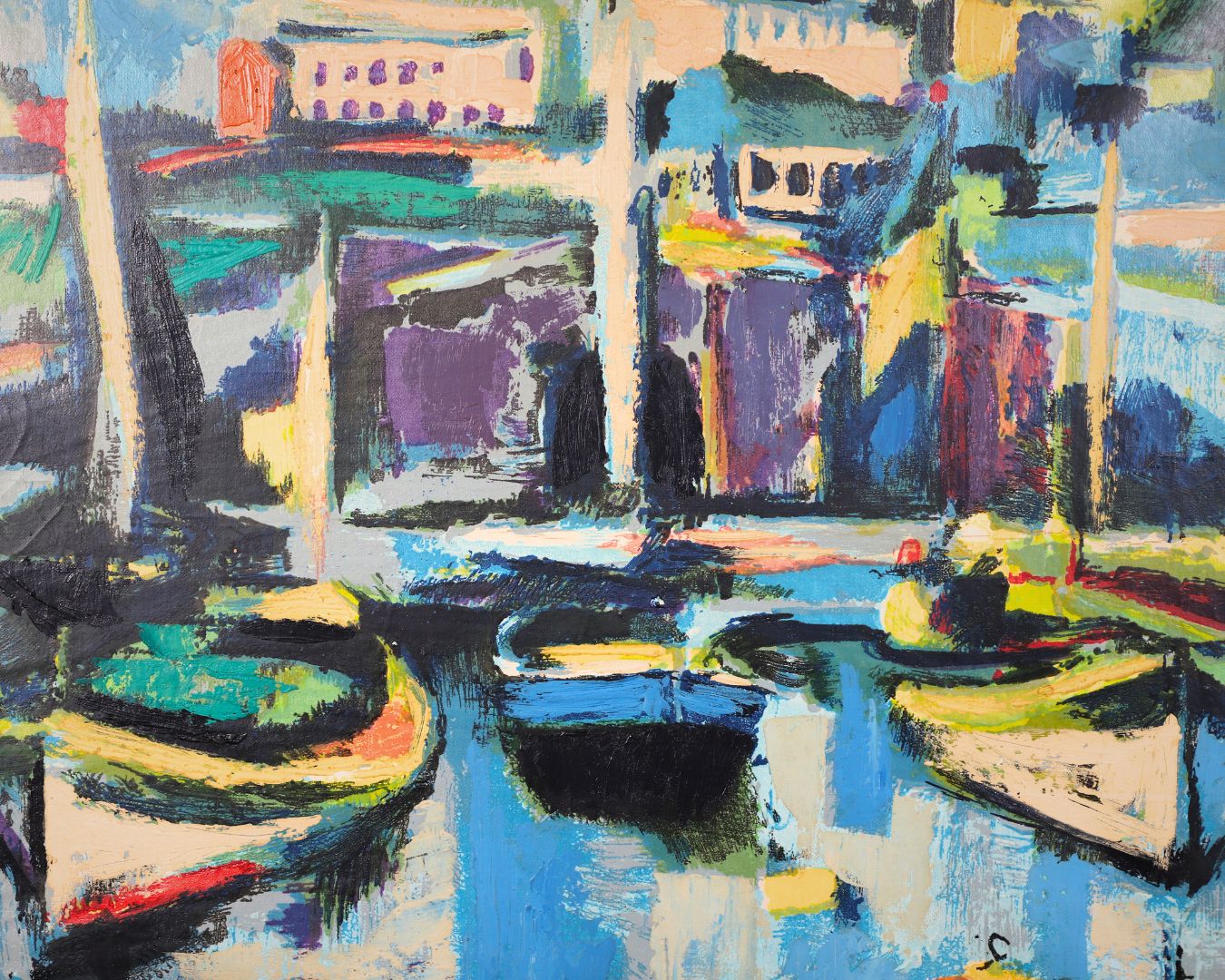 Boats in Harbor Modernist Painting