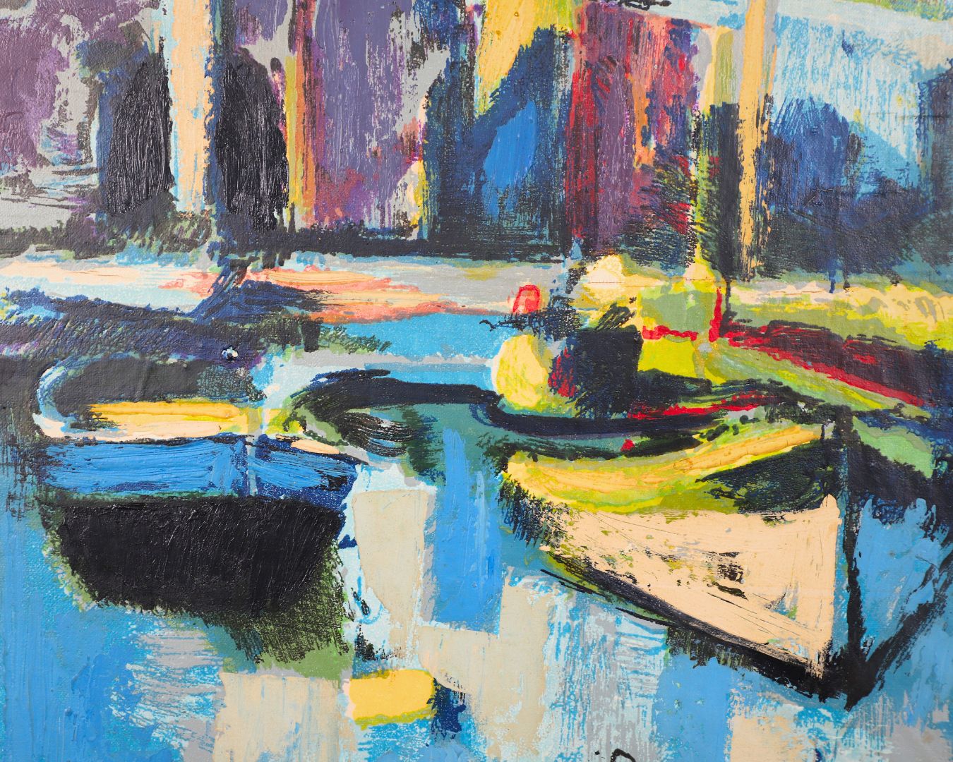 Boats in Harbor Modernist Painting