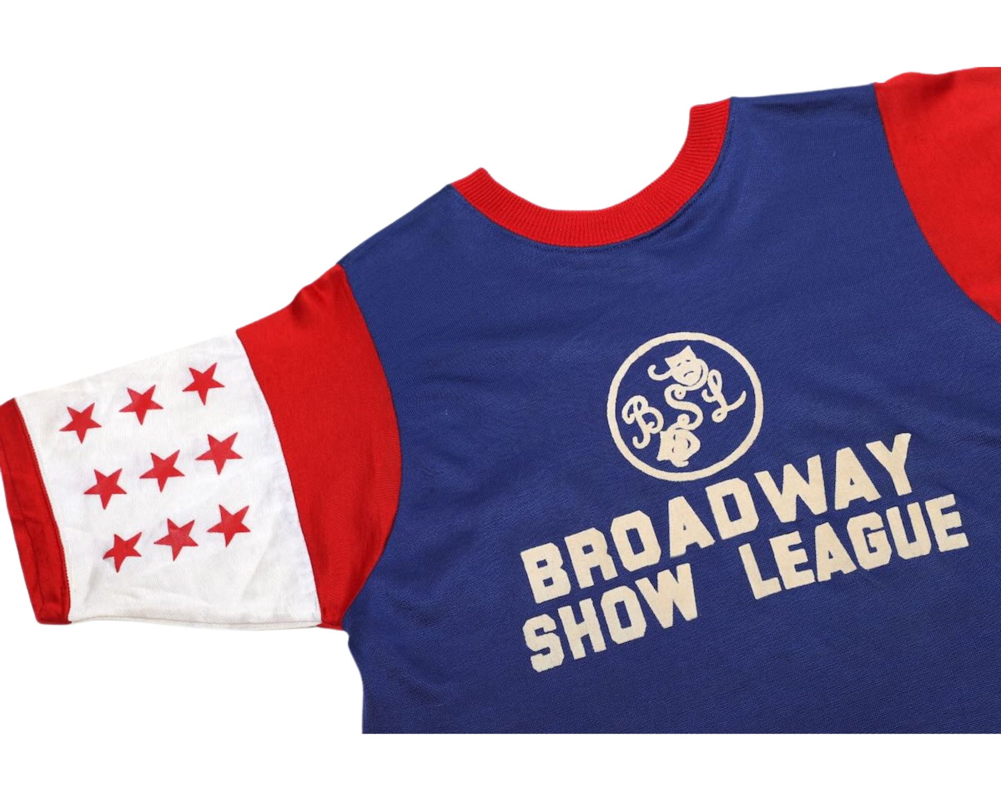 Detail  view of front of vintage Budd Friedman’s Improvisation Broadway Show League jersey.