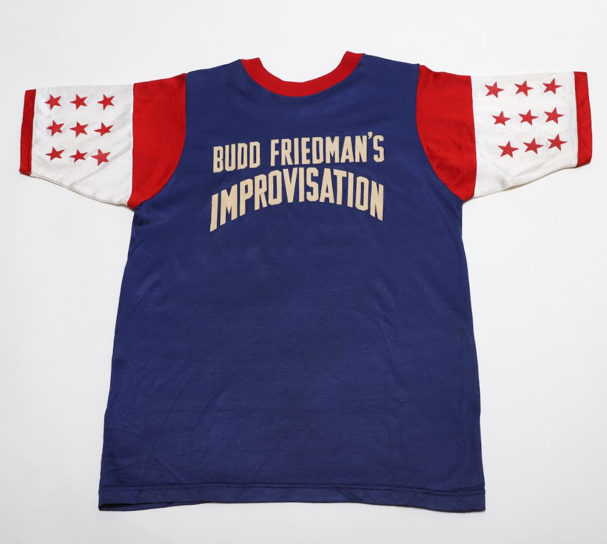 The full view of the front of the Budd Freeman's Improvisation Broadway League Baseball Jersey from the 1960s.