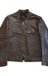 Front view of a dark brown Brooks leather café racer motorcycle jacket with stand collar, front zipper, and two horizontal zippered chest pockets.