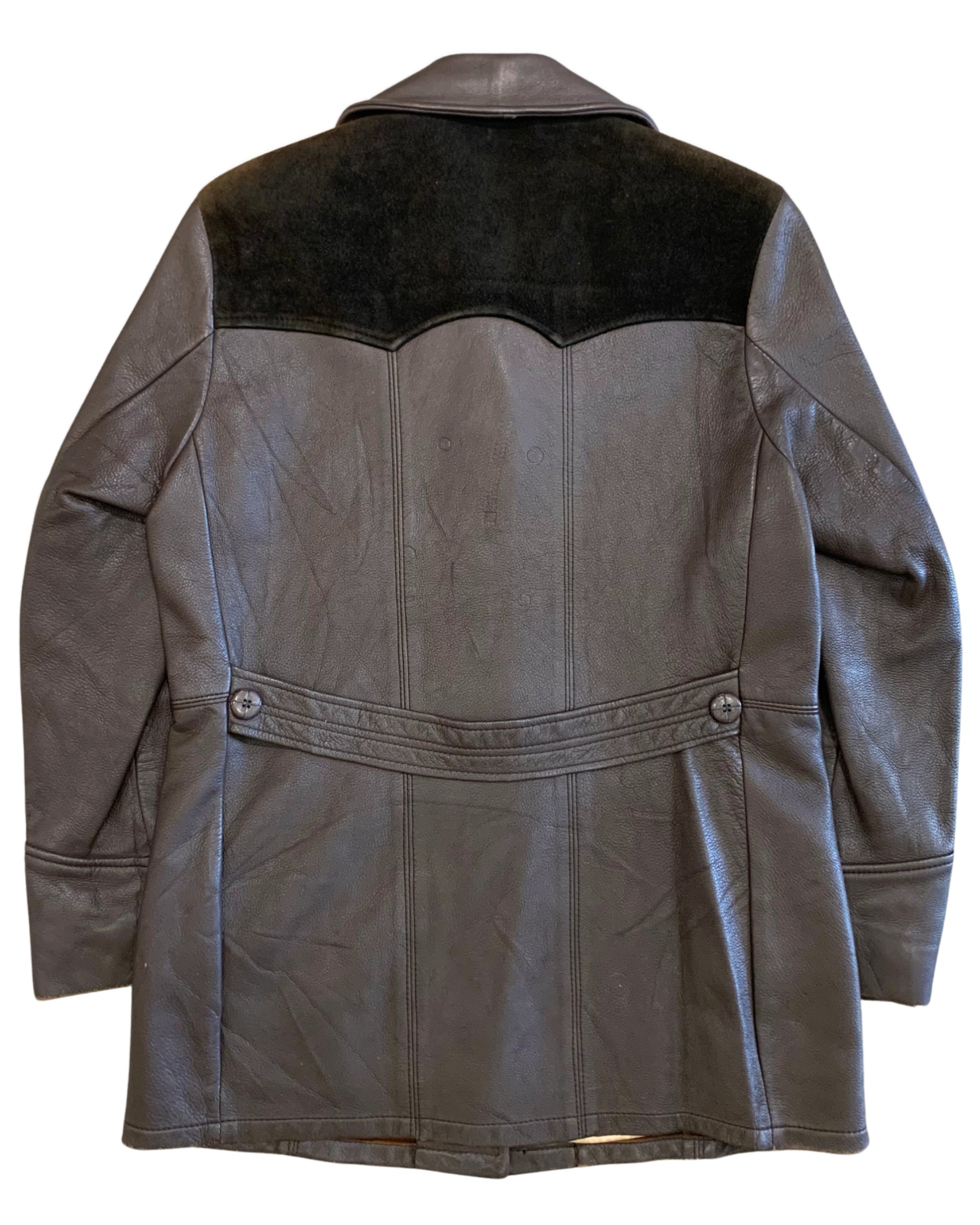 Back view of a brown deerskin Western jacket with a dark suede Western yoke and buttoned half-belt.
