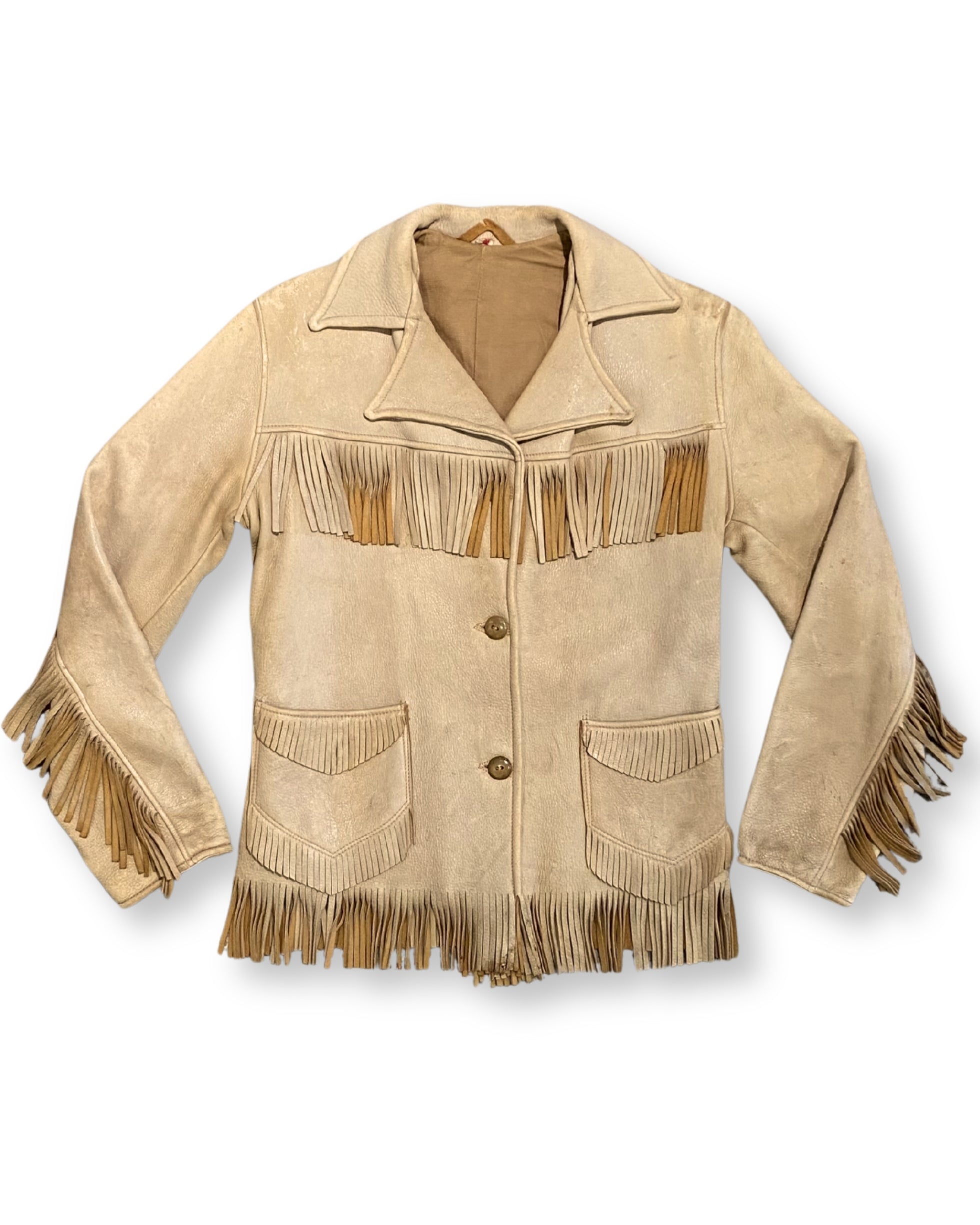 Buckskin Beige Leather Fringe Jacket 1960s - Small - Made in USA