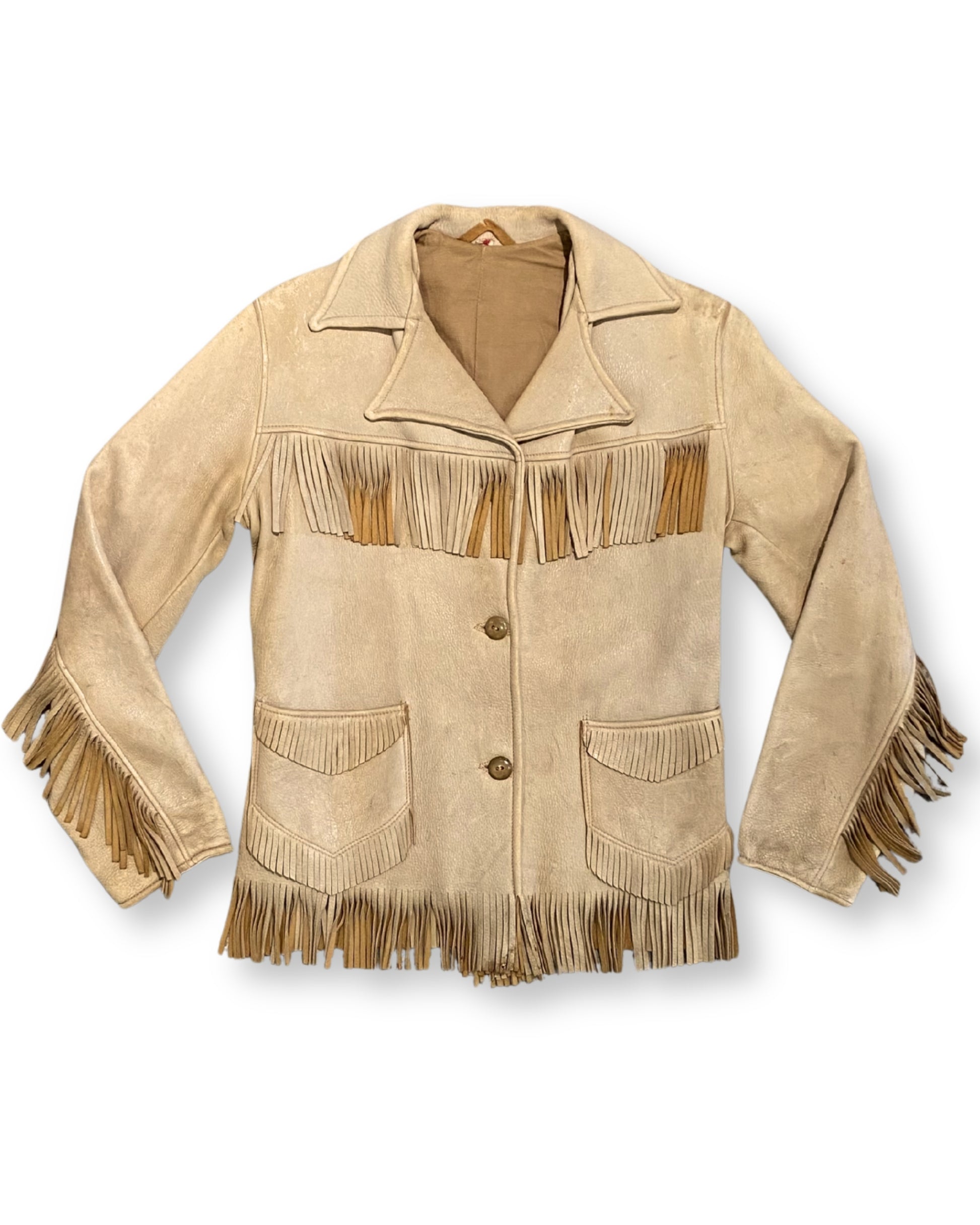 Buckskin Beige Leather Fringe Jacket 1960s - Small - Made in USA