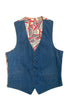 Front view of vintage 1970s Budweiser denim vest with blue denim front and button closure.