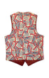 Back view of vintage Budweiser denim vest with all-over red cream and navy label print.