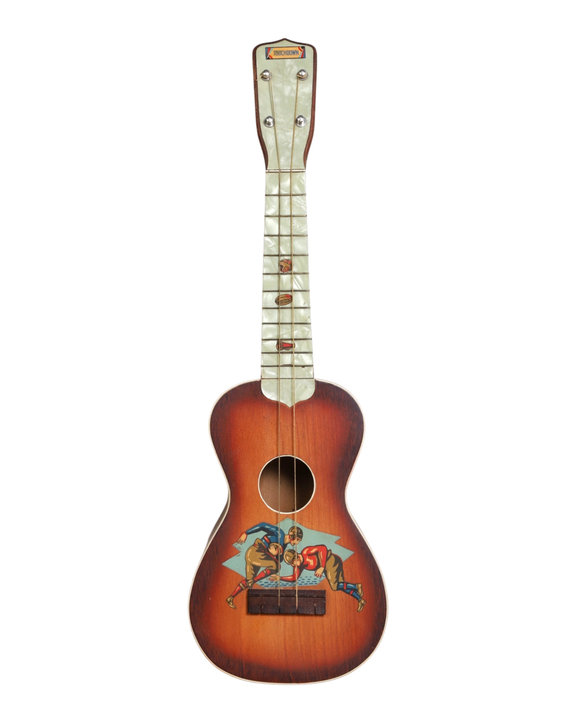 1920s Touchdown ukulele with football player graphic and faux pearl fretboard.