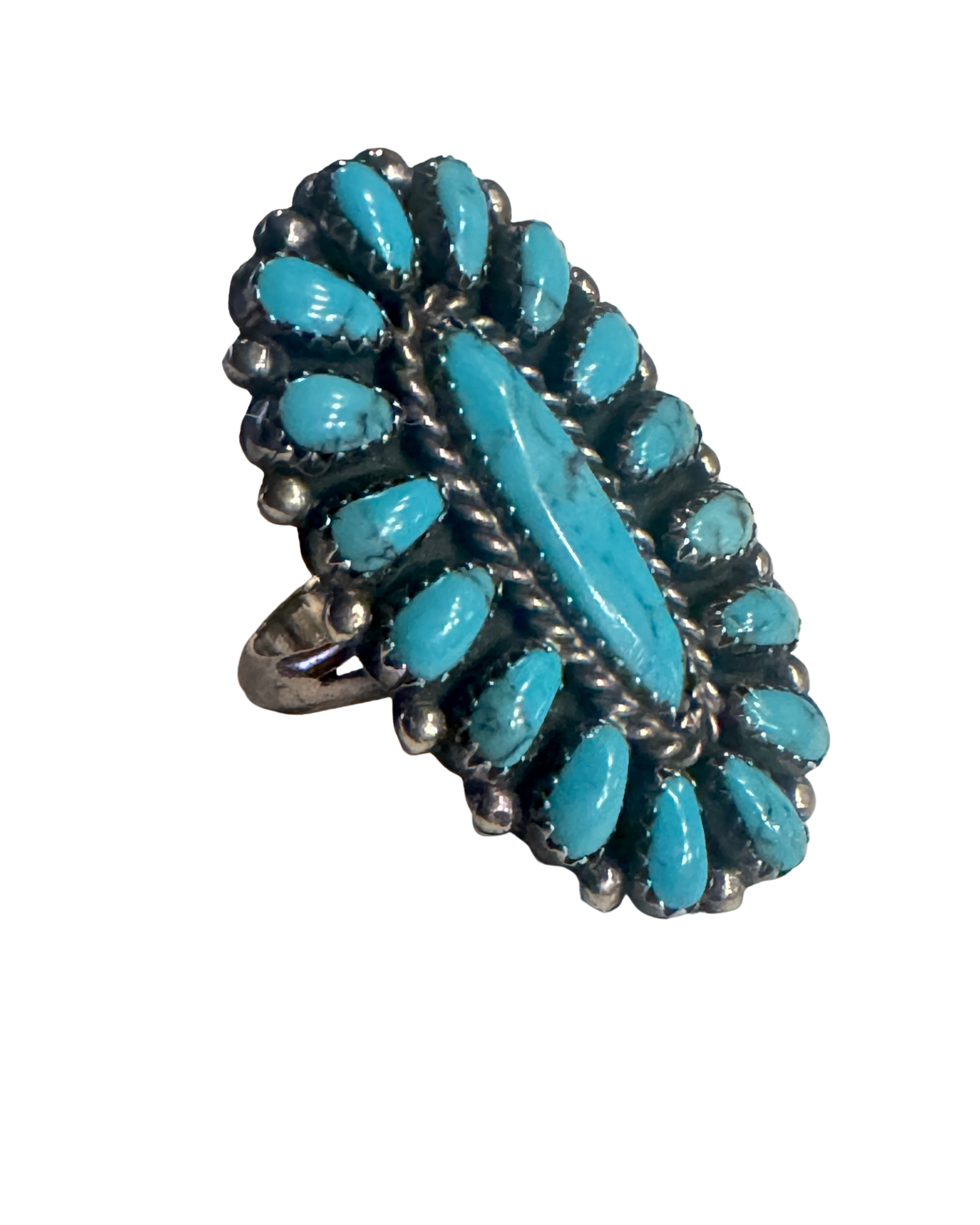 Sterling Silver +  Turquoise Cluster Ring- Signed HB - Native American c. 1970s - Size 8