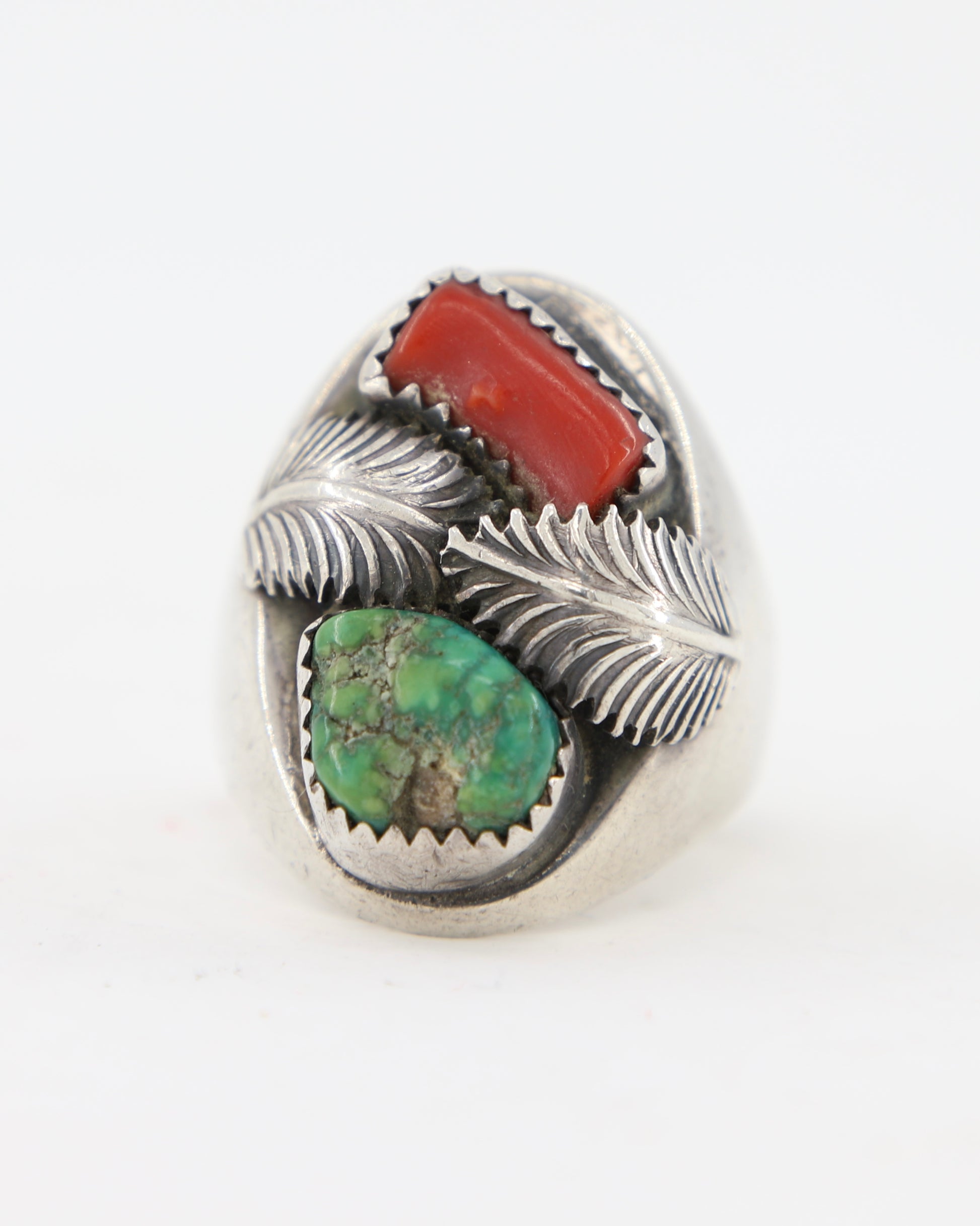 Sterling Coral Turquoise 2 Leaves Ring sz 10