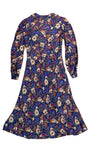 1980s Cacharel floral dress front view in blue beige violet.

