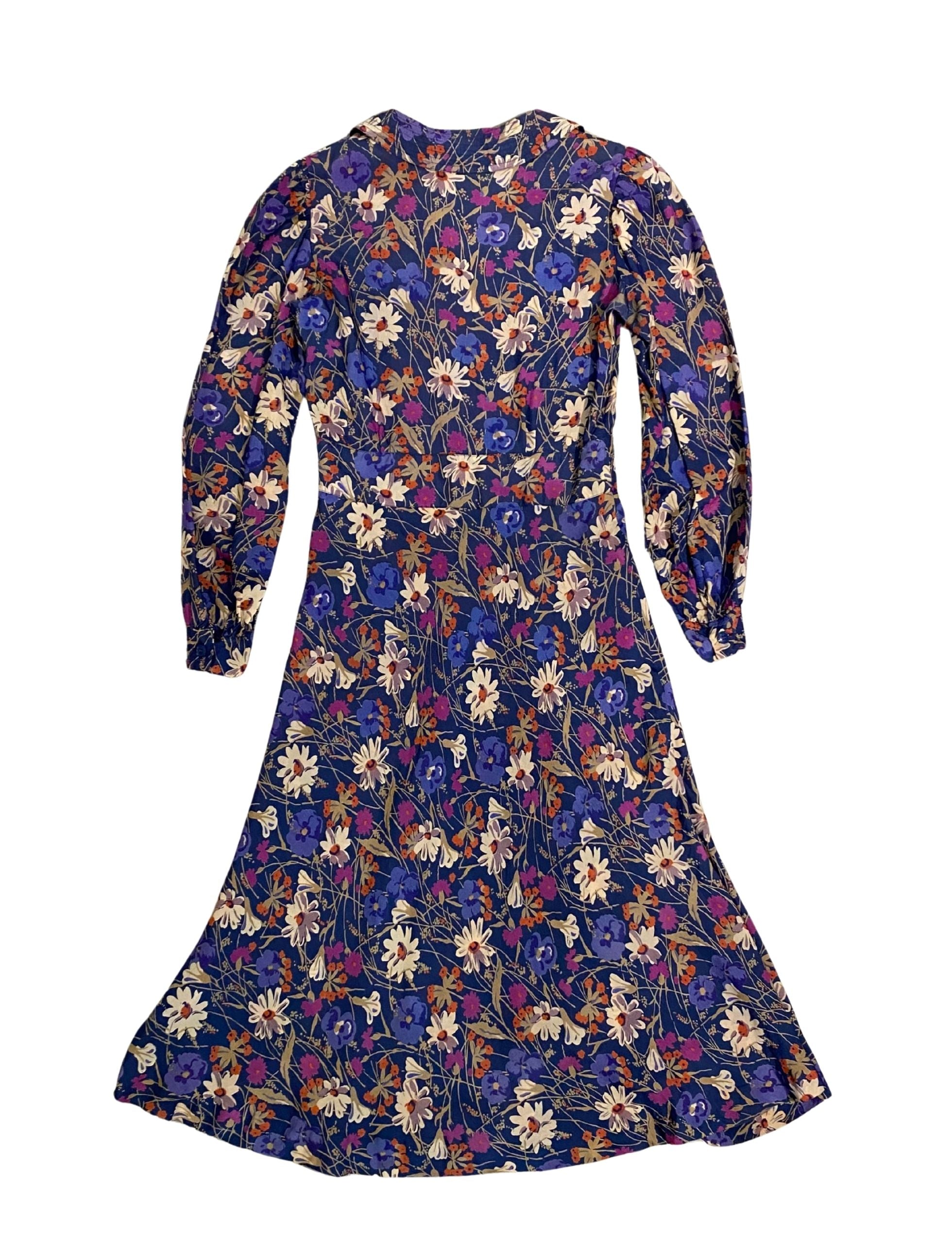 1980s Cacharel floral dress front view in blue beige violet.
