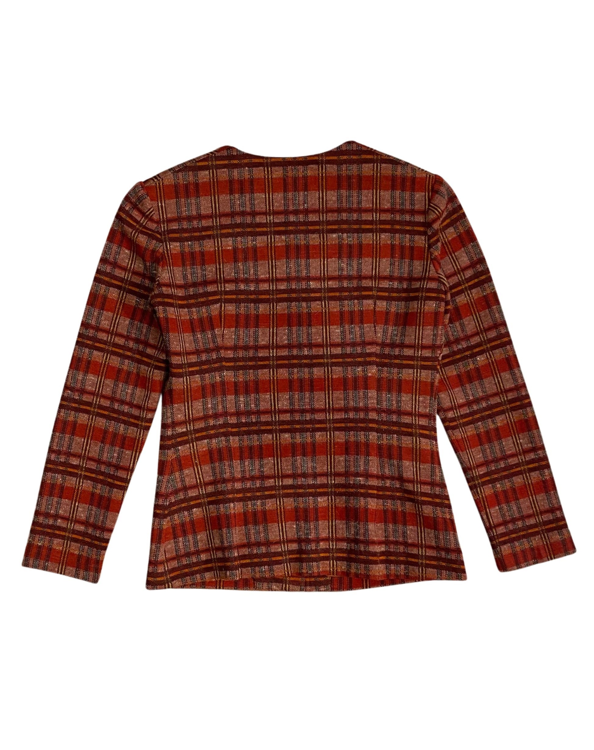 Jacket back view of 1970s Cacharel red and beige plaid skirt suit.