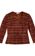 Jacket front view of 1970s Cacharel red and beige plaid skirt suit.