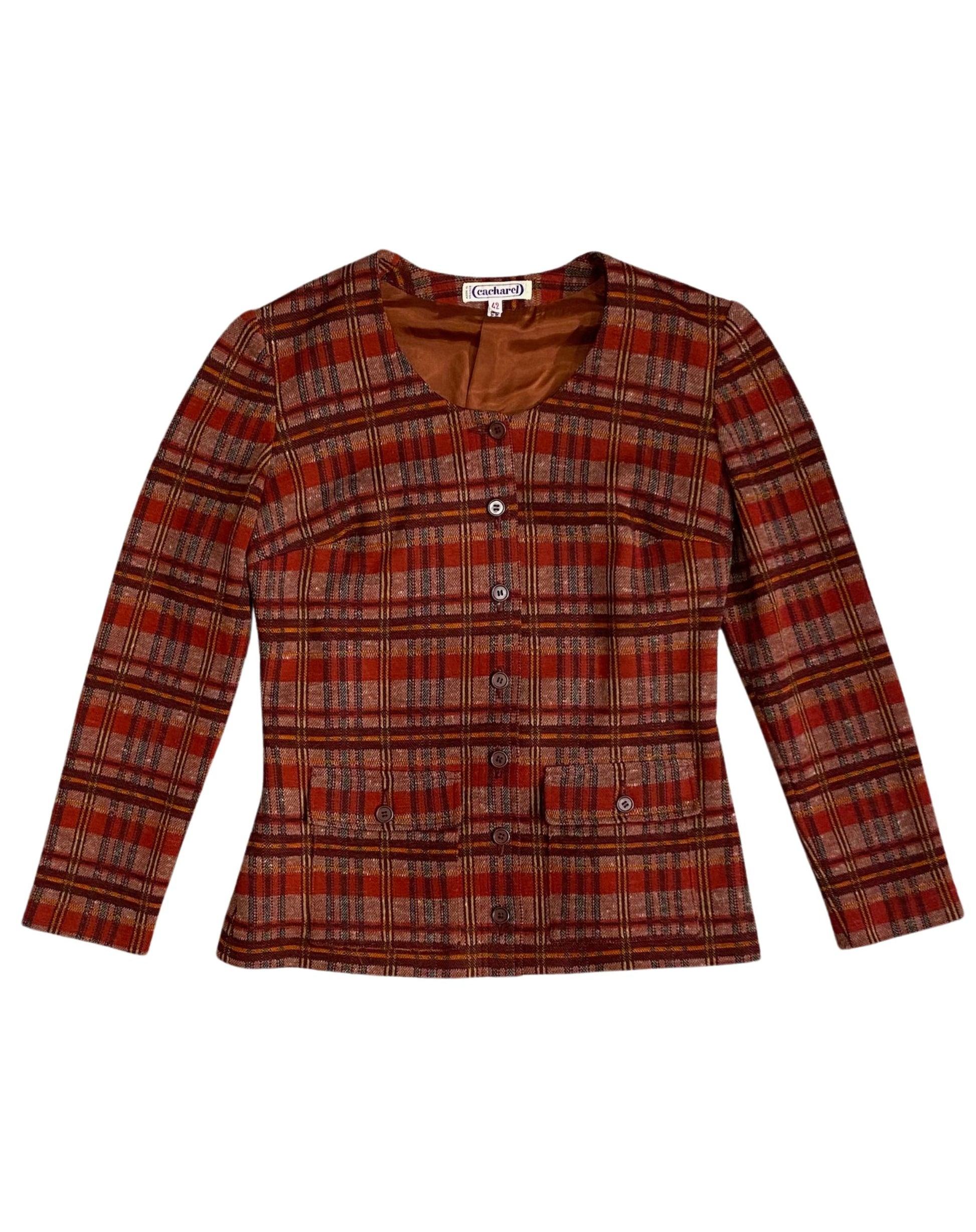 Jacket front view of 1970s Cacharel red and beige plaid skirt suit.