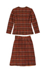 Back view of 1970s Cacharel red and beige plaid skirt suit.
