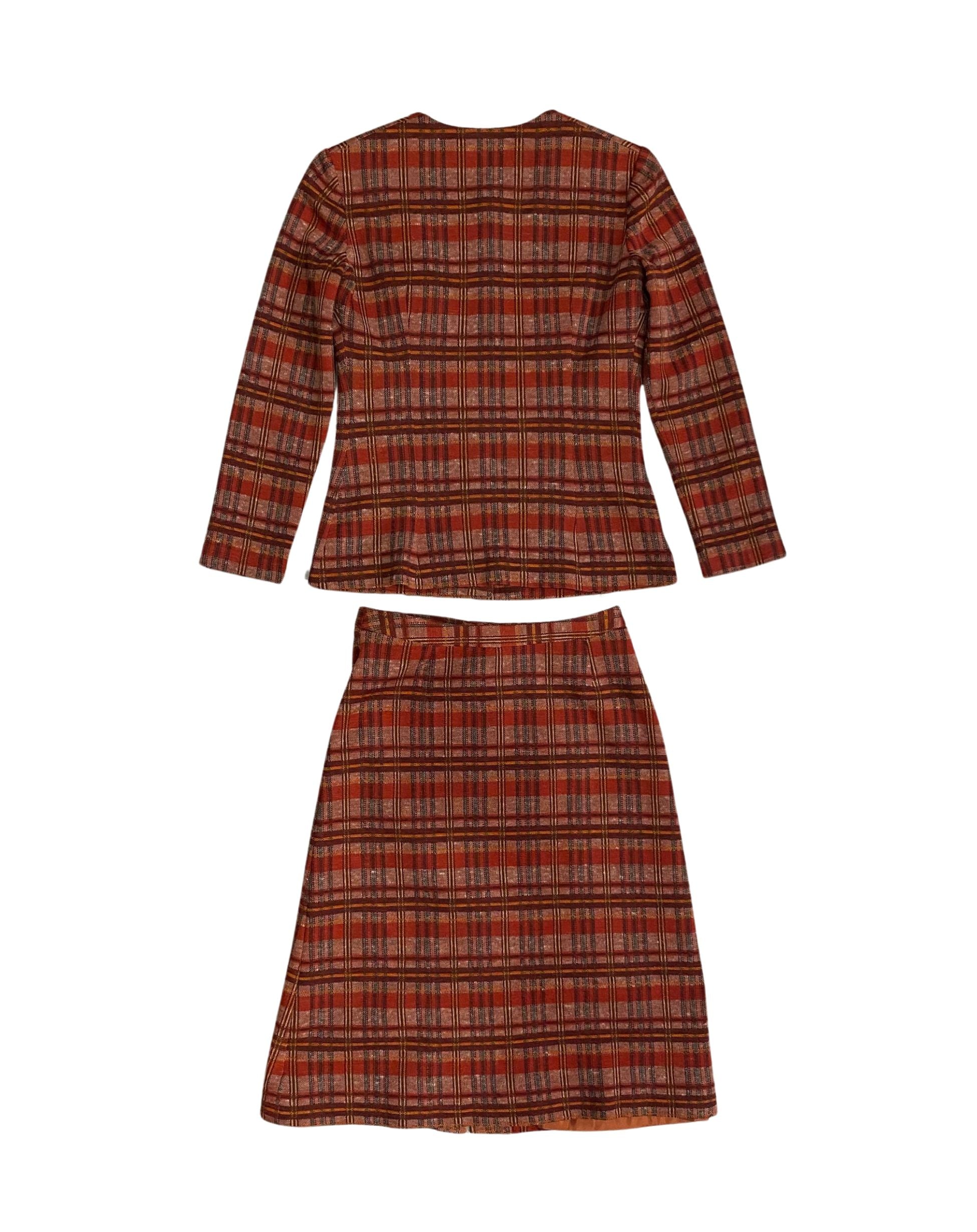 Back view of 1970s Cacharel red and beige plaid skirt suit.
