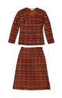 Front view of 1970s Cacharel red and beige plaid skirt suit.