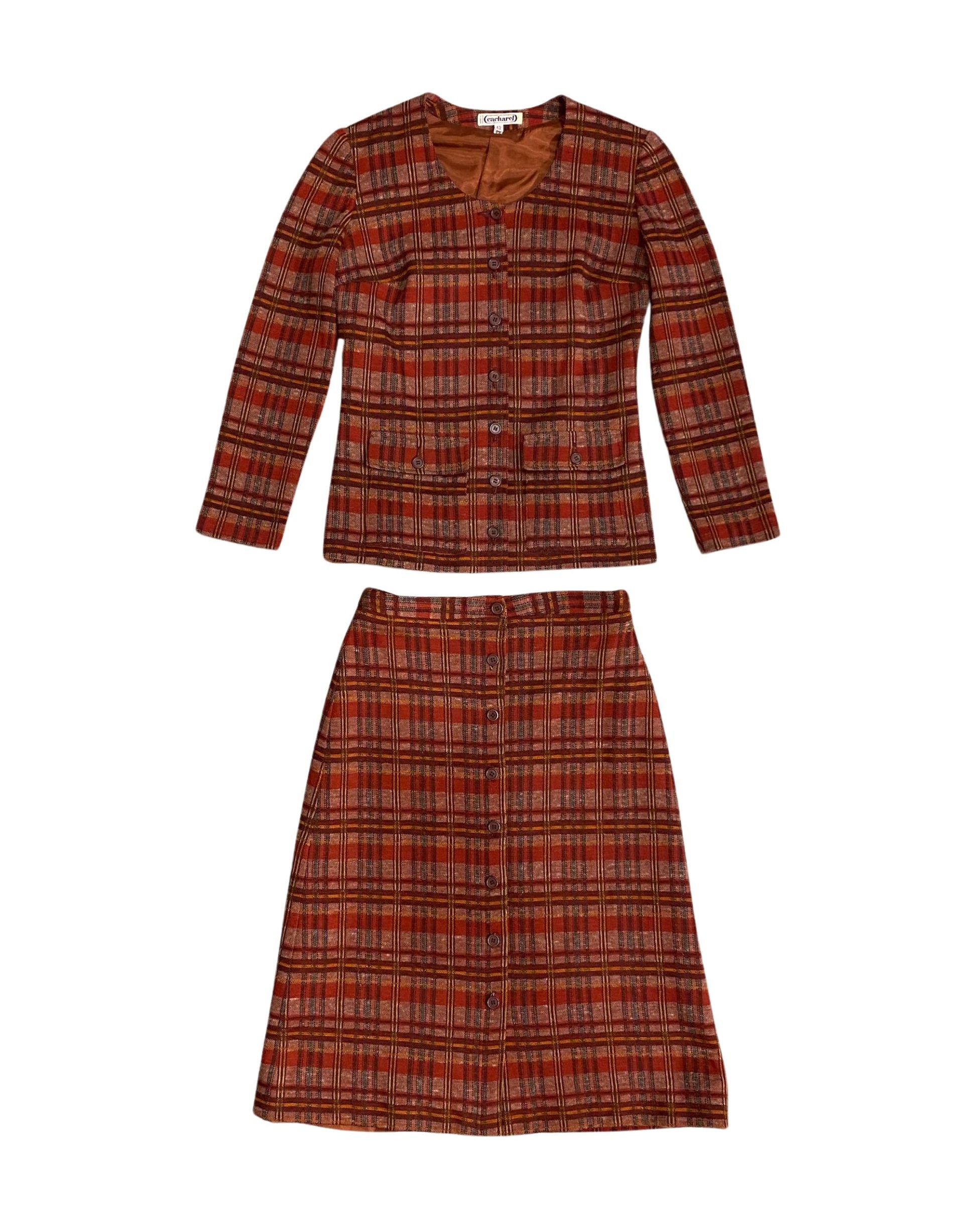 Front view of 1970s Cacharel red and beige plaid skirt suit.
