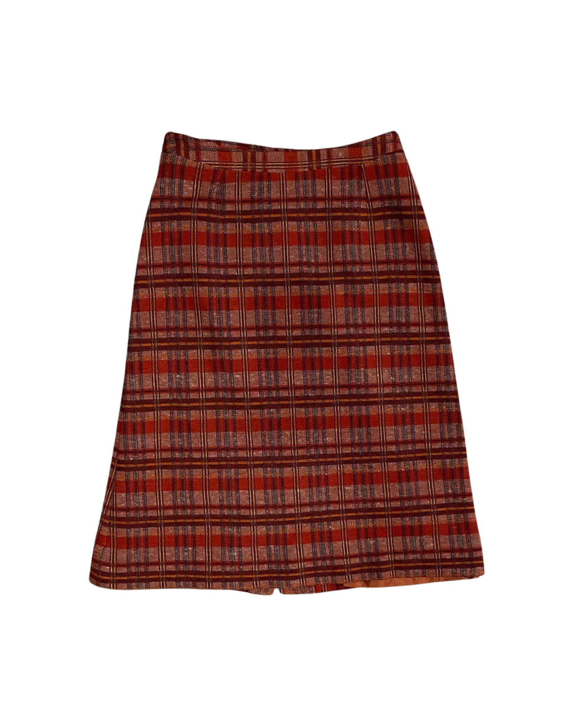 Skirt back view of 1970s Cacharel red and beige plaid skirt suit.