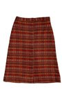 Front skirt view of 1970s Cacharel red and beige plaid skirt suit.