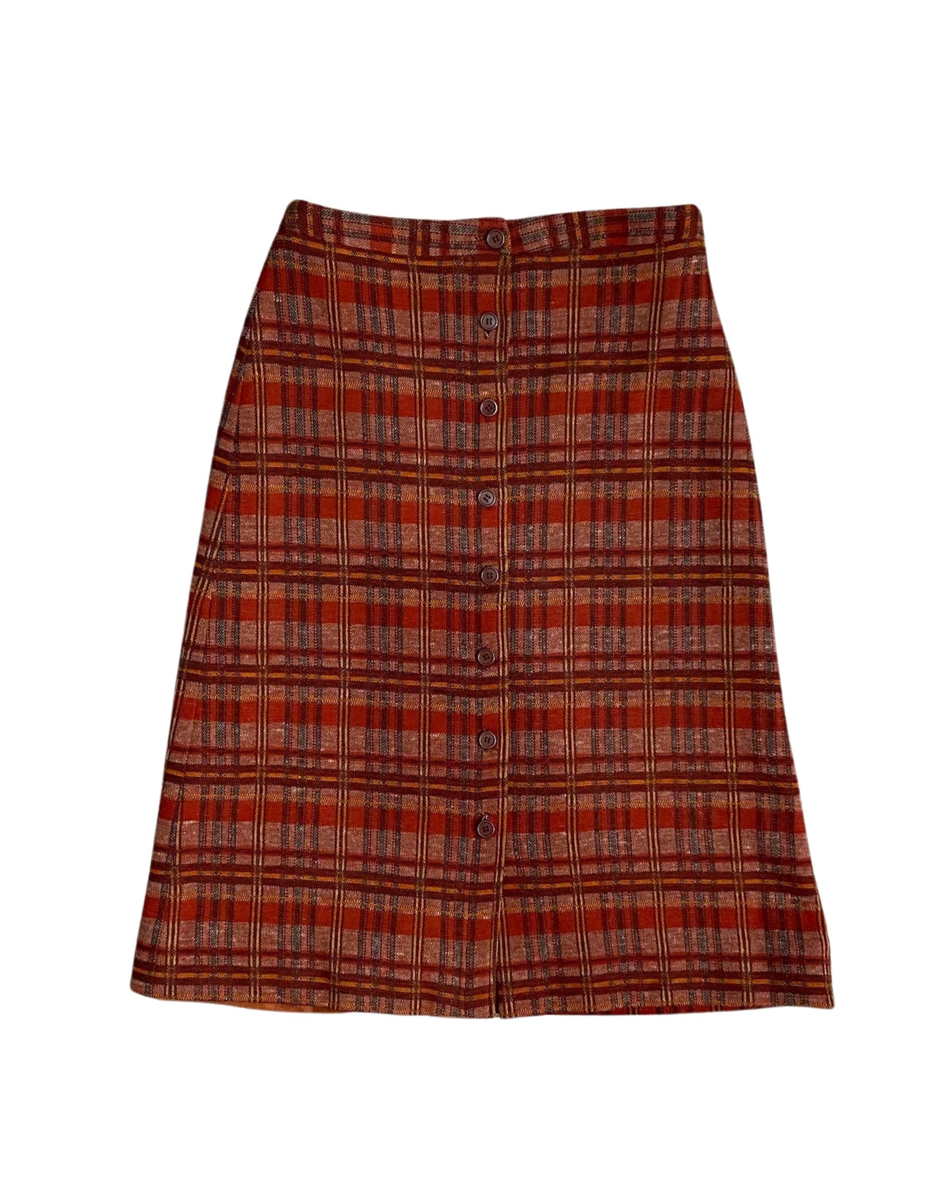 Front skirt view of 1970s Cacharel red and beige plaid skirt suit.